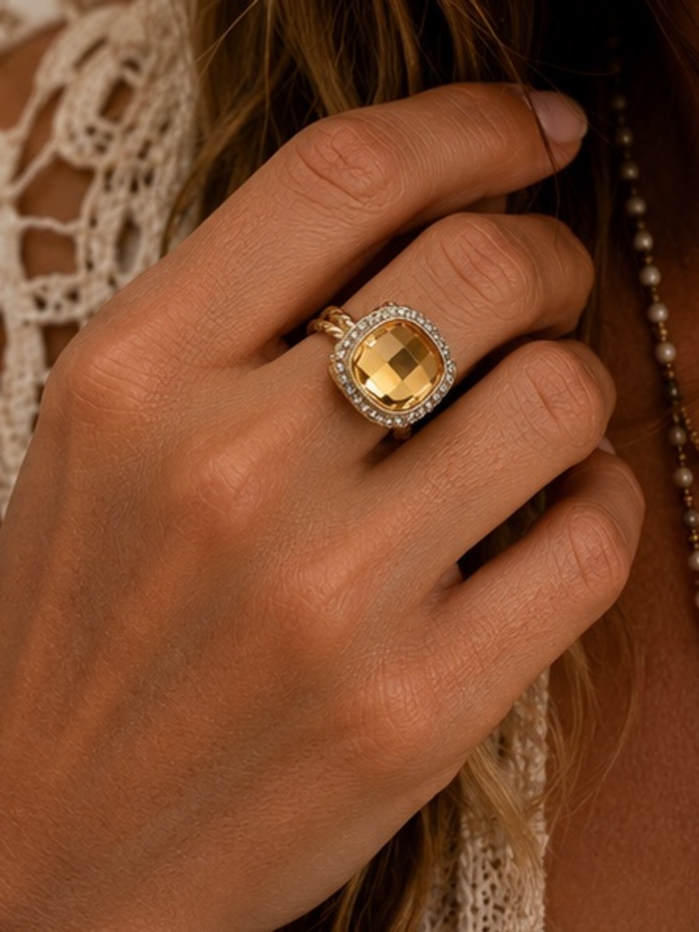 Gold Citrine Halo Statement Ring Size 8